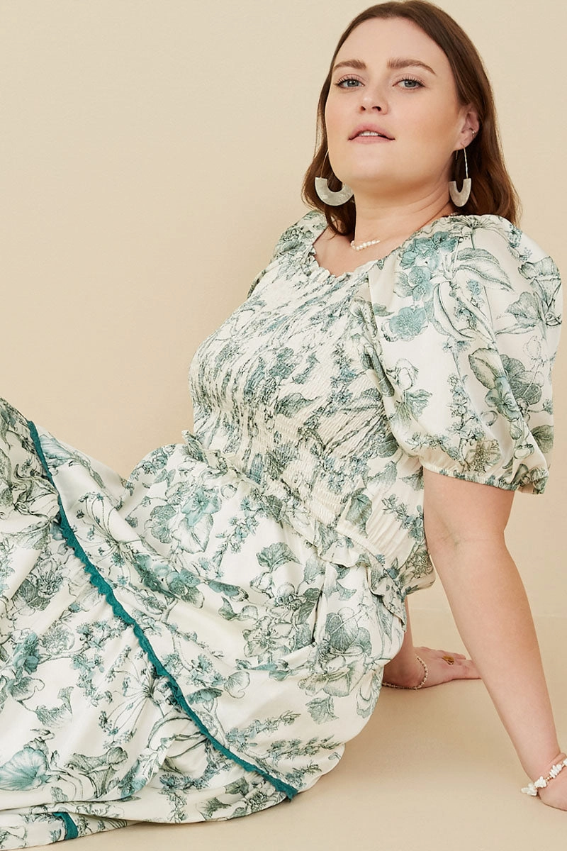 Botanical Print Lace Trimmed Satin Dress Elegant knee-length dress Festival-Ready