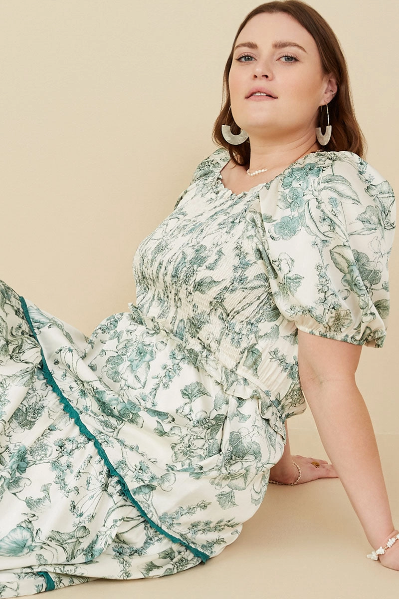 Airy Touch Silky Layer Botanical Print Lace Trimmed Satin Dress