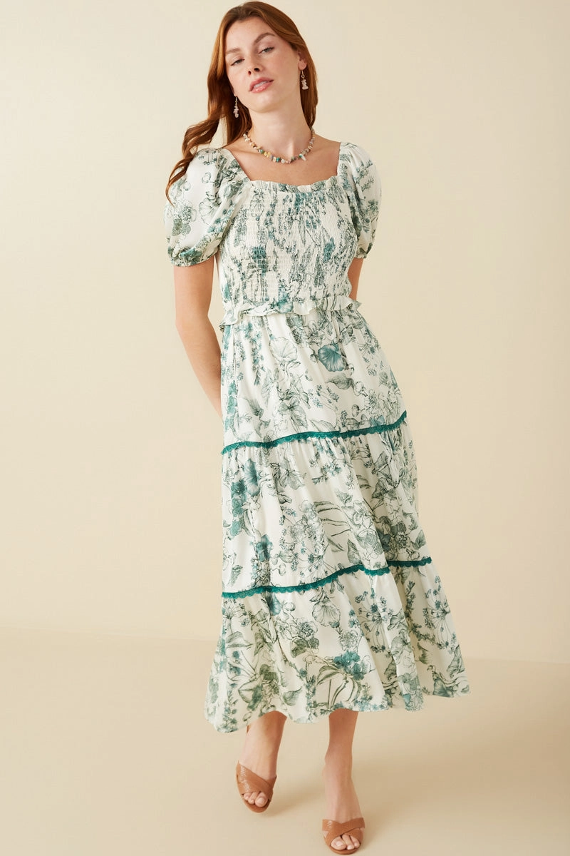 Botanical Print Lace Trimmed Satin Dress Light Motion