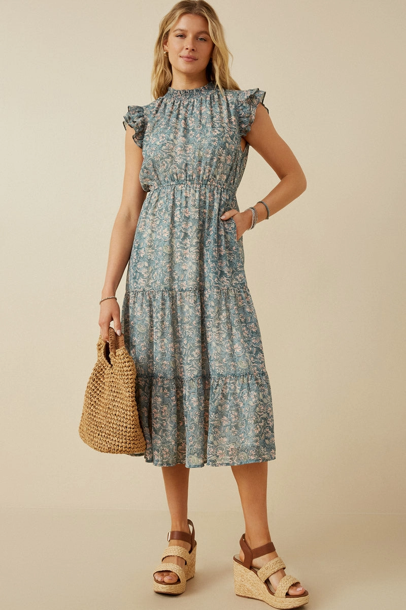 Balanced Mood Youthful Feel Botanical Print Ruffle Detail Chiffon Dress