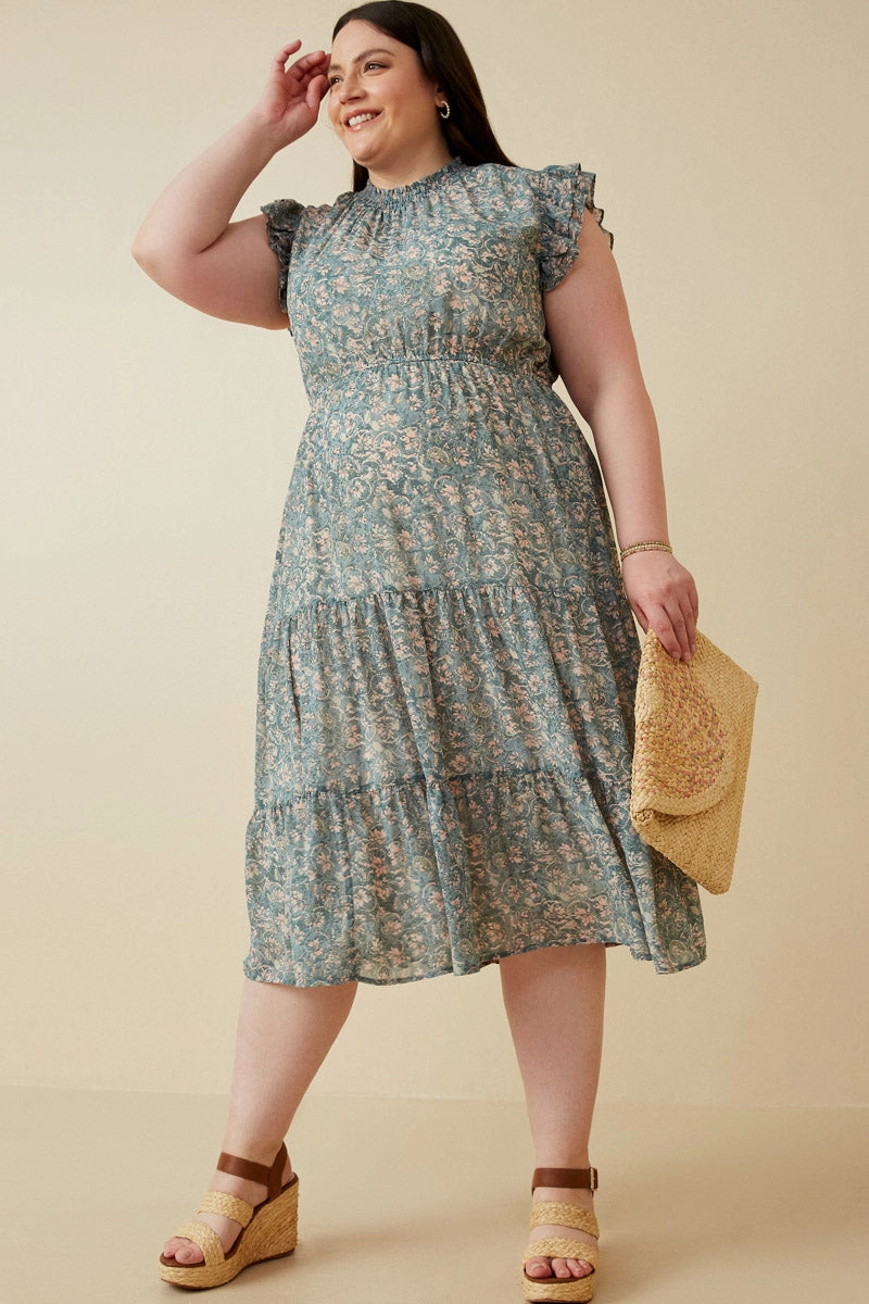 Side Pleats All Moments Botanical Print Ruffle Detail Chiffon Dress