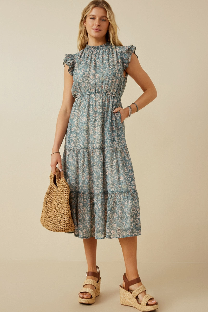 Botanical Print Ruffle Detail Chiffon Dress Smooth Drape Edgy Look