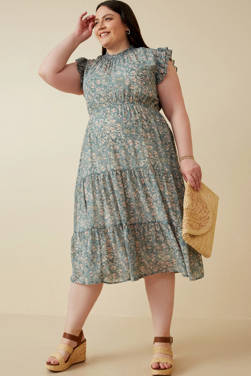 Botanical Print Ruffle Detail Chiffon Dress Chill Base Trend Fit