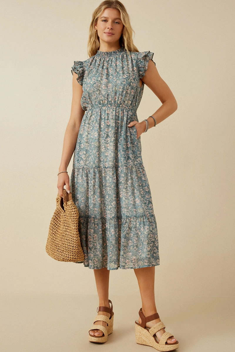 Wedding Style Botanical Print Ruffle Detail Chiffon Dress