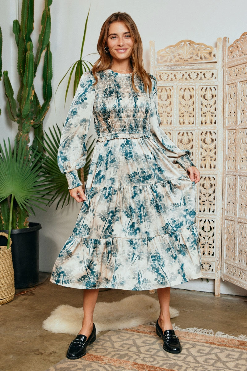 Flexible Cut Romantic Hour Botanical Print Smocked Bodice Satin Dress