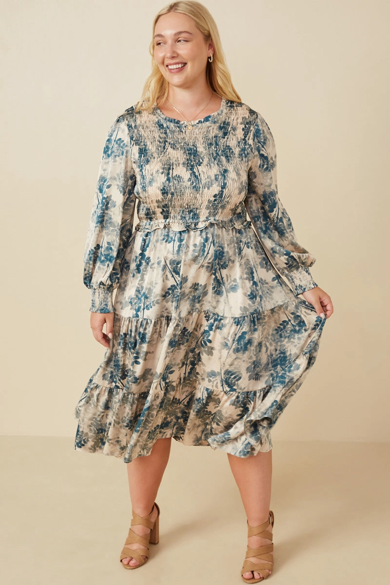 Eco Friendly Botanical Print Smocked Bodice Satin Dress