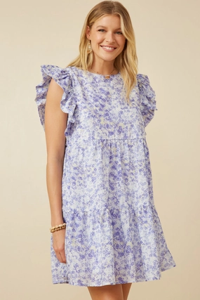 Womens Ditsy Floral Exaggerated Ruffle Sleeve Dress Beauty Feel Button-front