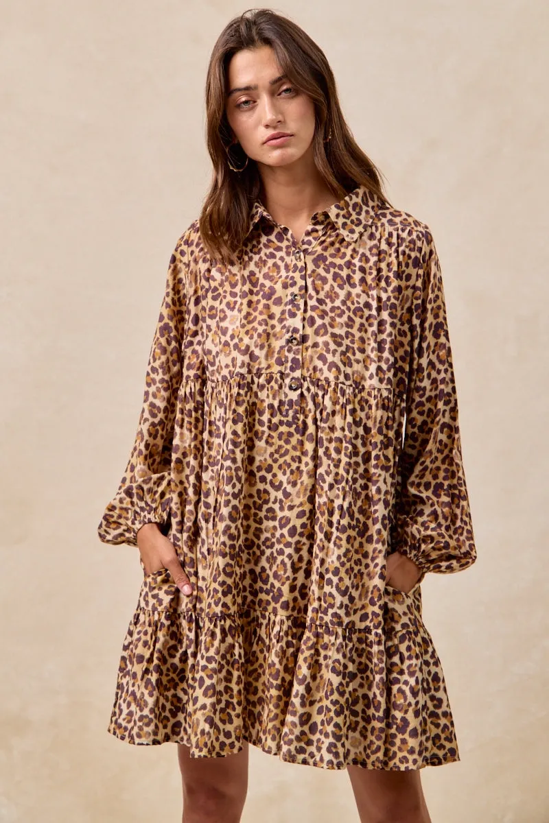 ID2029G-10 | LEOPARD PRINT SHIRRING BUTTONED TIERED SHIRT DRESS City Ready Wear Light Protection