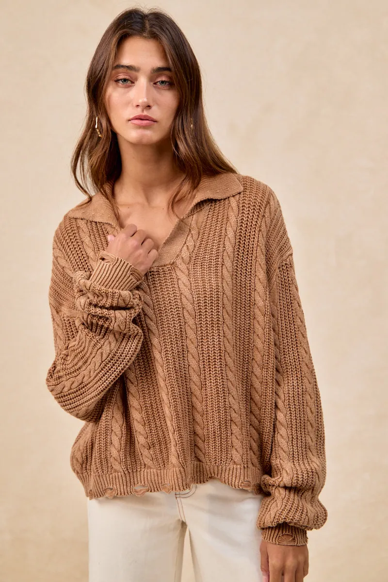 Layer Essential IT4798-01 | CABLE KNIT SWEATER TOP WITH WIDE COLLARED
