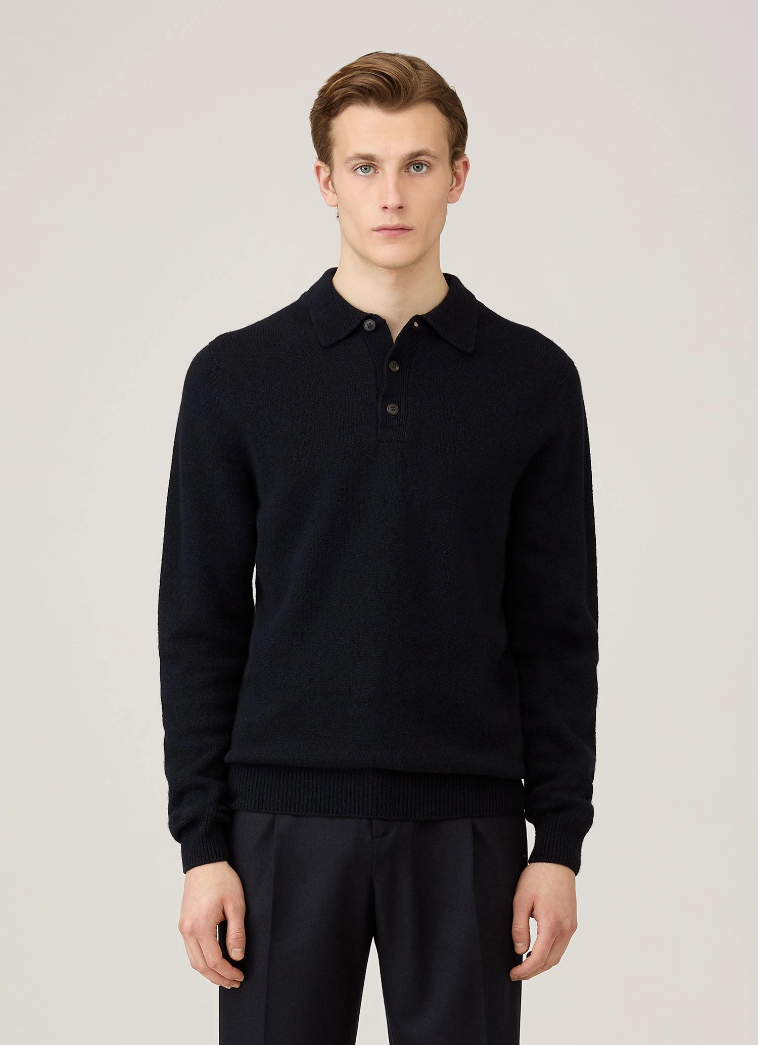 Breathable Wear Casual Men's Lambswool Polo Shirt in Dark Navy Mouline