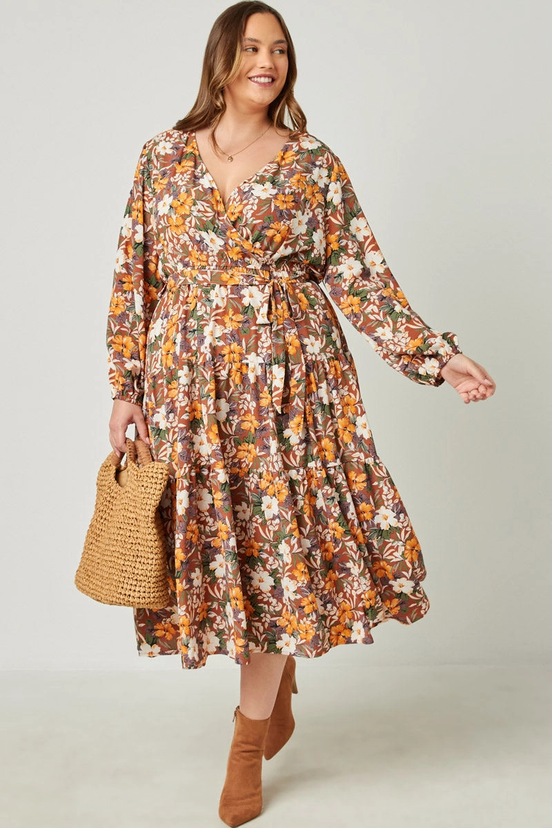 Stretch fit Style Ease Puff Sleeve Floral Print Belted Surplice Dress