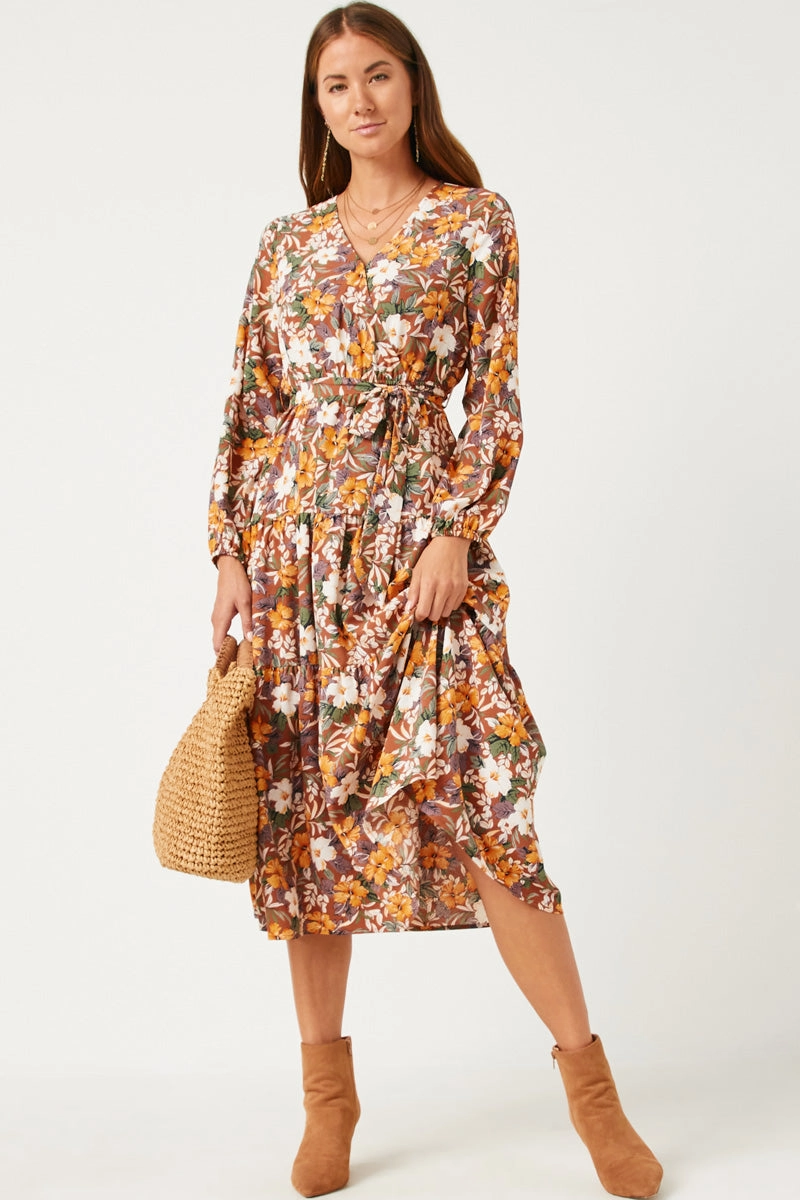 Lounge Mood Puff Sleeve Floral Print Belted Surplice Dress