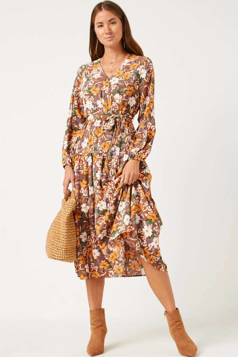 Timeless Fashion Modest Look Puff Sleeve Floral Print Belted Surplice Dress