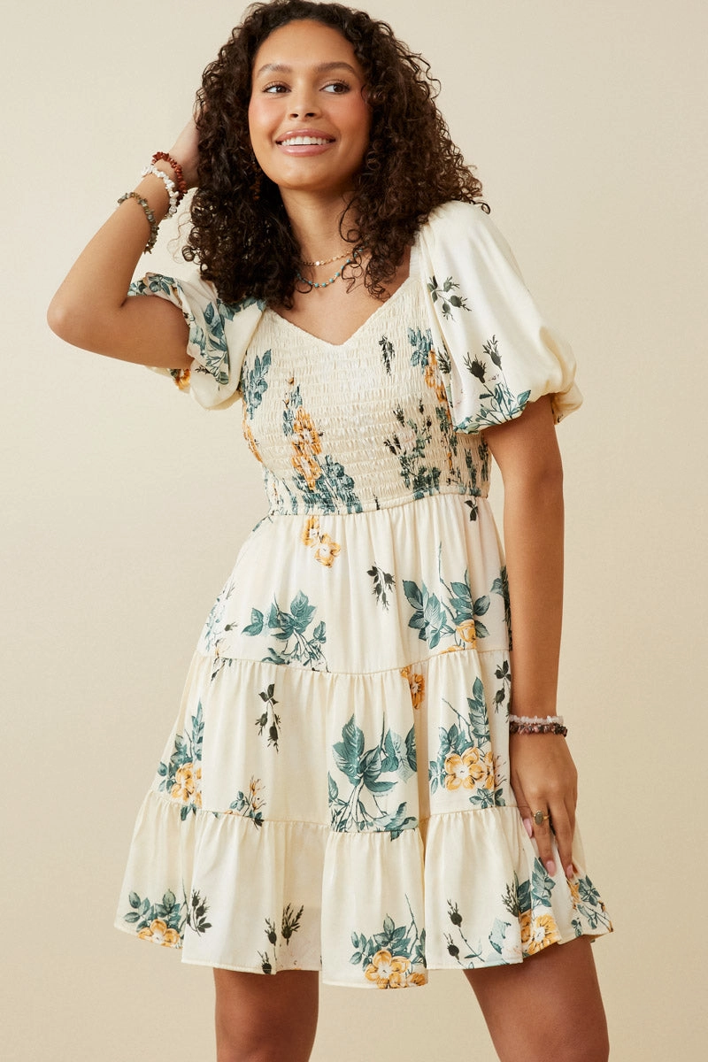 Beaded-Edge Daily Wear Women Romantic Floral Smocked Sheen Dress