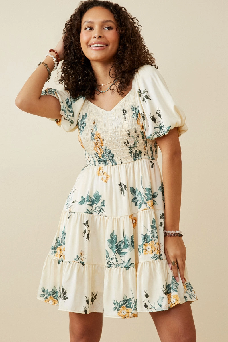 Women Romantic Floral Smocked Sheen Dress Trend-Inspired Polite Color