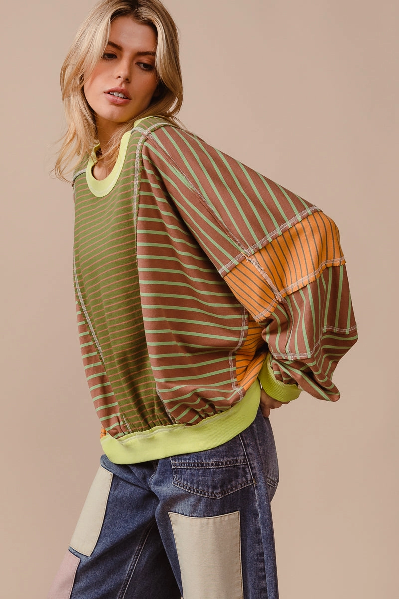 Utility Inspired Look IT1842R-01 | STRIPE MIXED AND MATCH LOOSE FIT TOP