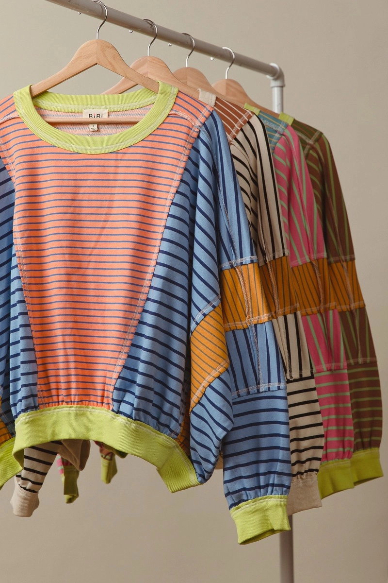 IT1842R-01 | STRIPE MIXED AND MATCH LOOSE FIT TOP Casual Style Fringe Detail