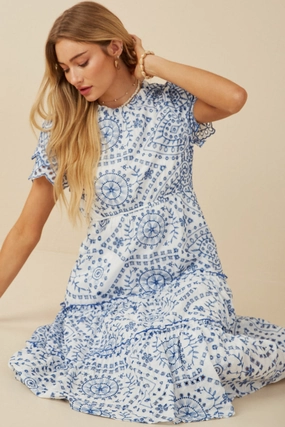 skin friendly Eyelet Lace Scallop Sleeve Midi Dress