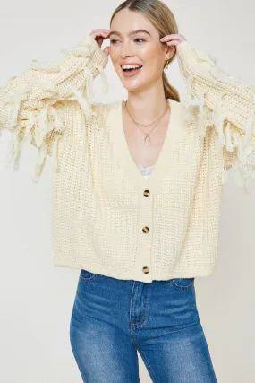 No Wrinkle Button-Down Fringe Knit Sweater