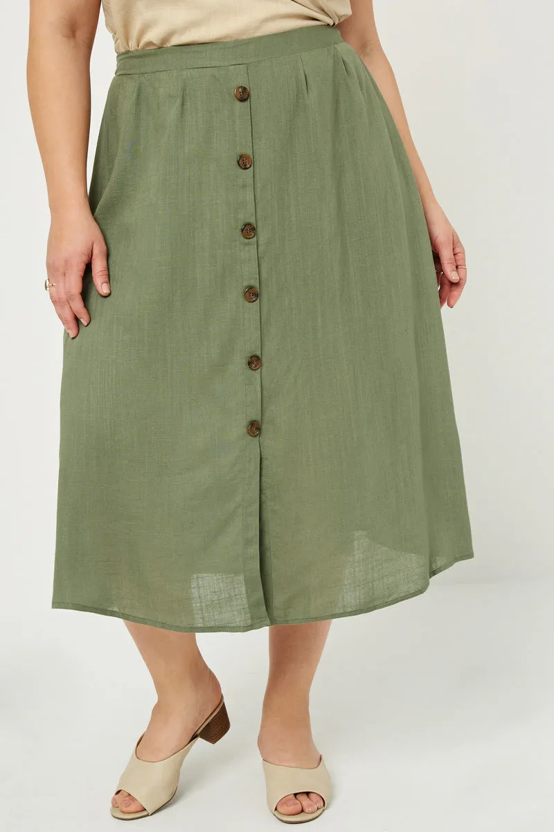 Button-Down Linen Blend Midi Skirt High Rise Functional Look