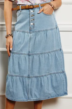 Stretch Ready Button Fly Tiered Denim Maxi Skirt