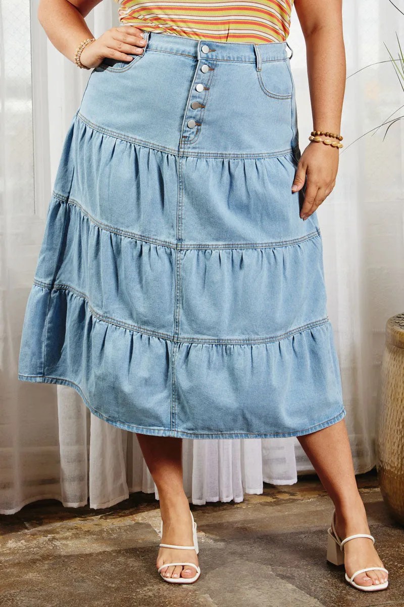 Button Fly Tiered Denim Maxi Skirt Work Friendly Simple Comfort