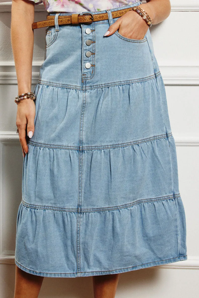 Easy Wear Button Fly Tiered Denim Maxi Skirt