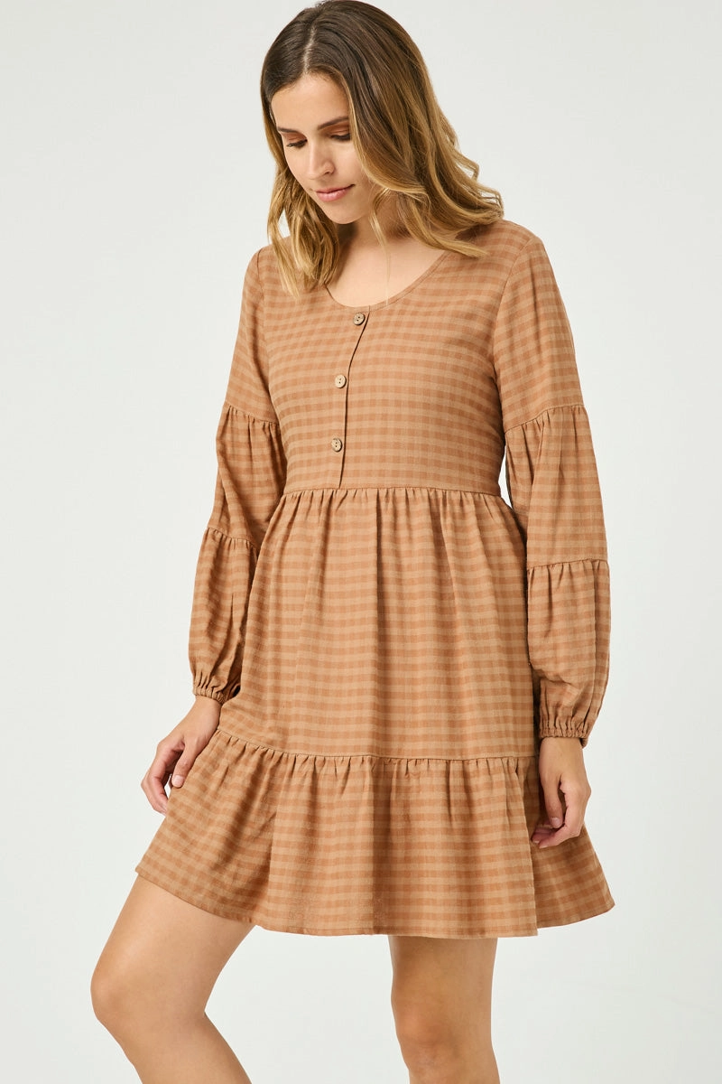 Button Detail Tiered Gingham Dress Capsule-Wardrobe Hip-Flattering
