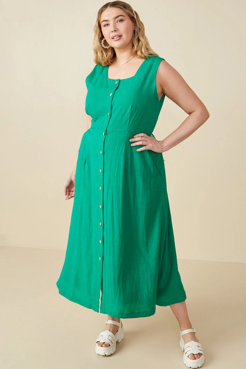 Button Down Textured Square Neck Tank Dress Flow Friendly