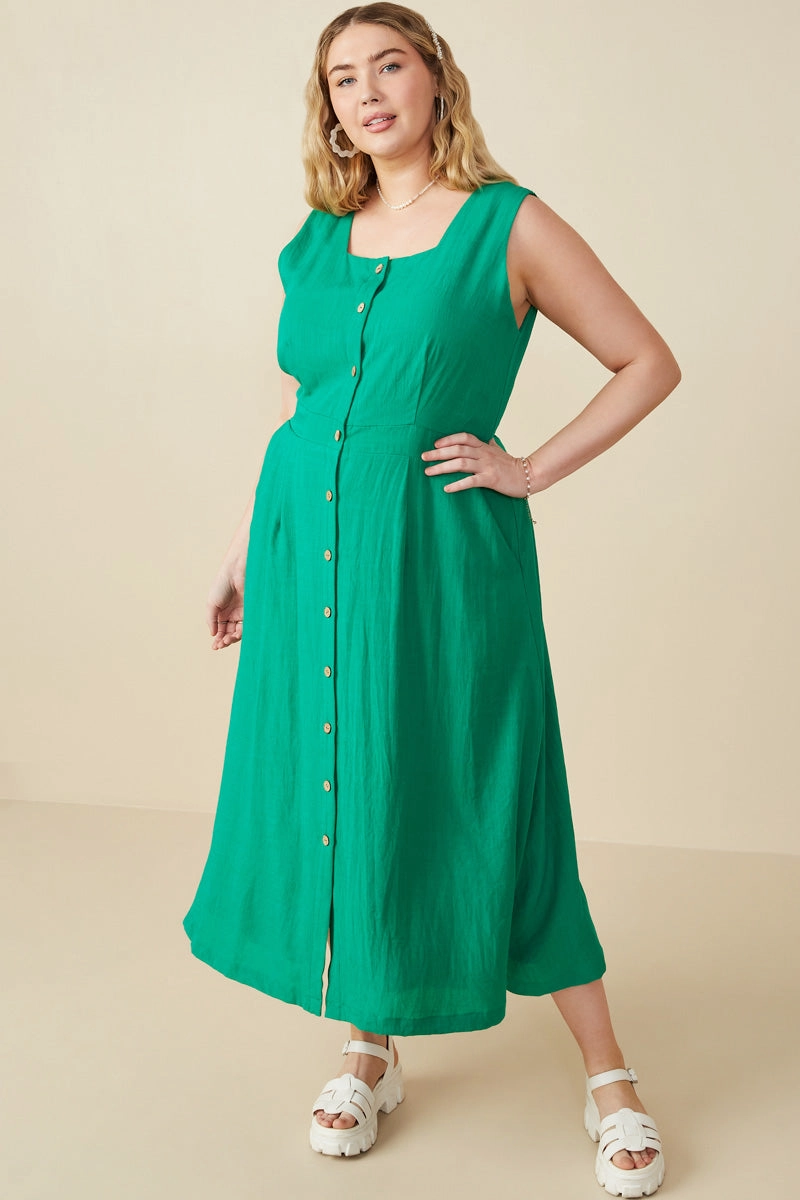 Button Down Textured Square Neck Tank Dress Calm Energy Outdoor Vibe