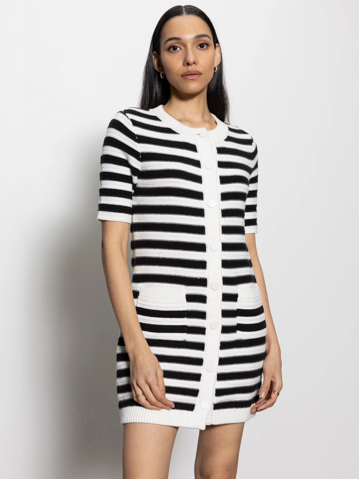 Button Front Knitted Dress Chalk And Black Stripe Cozy Goods