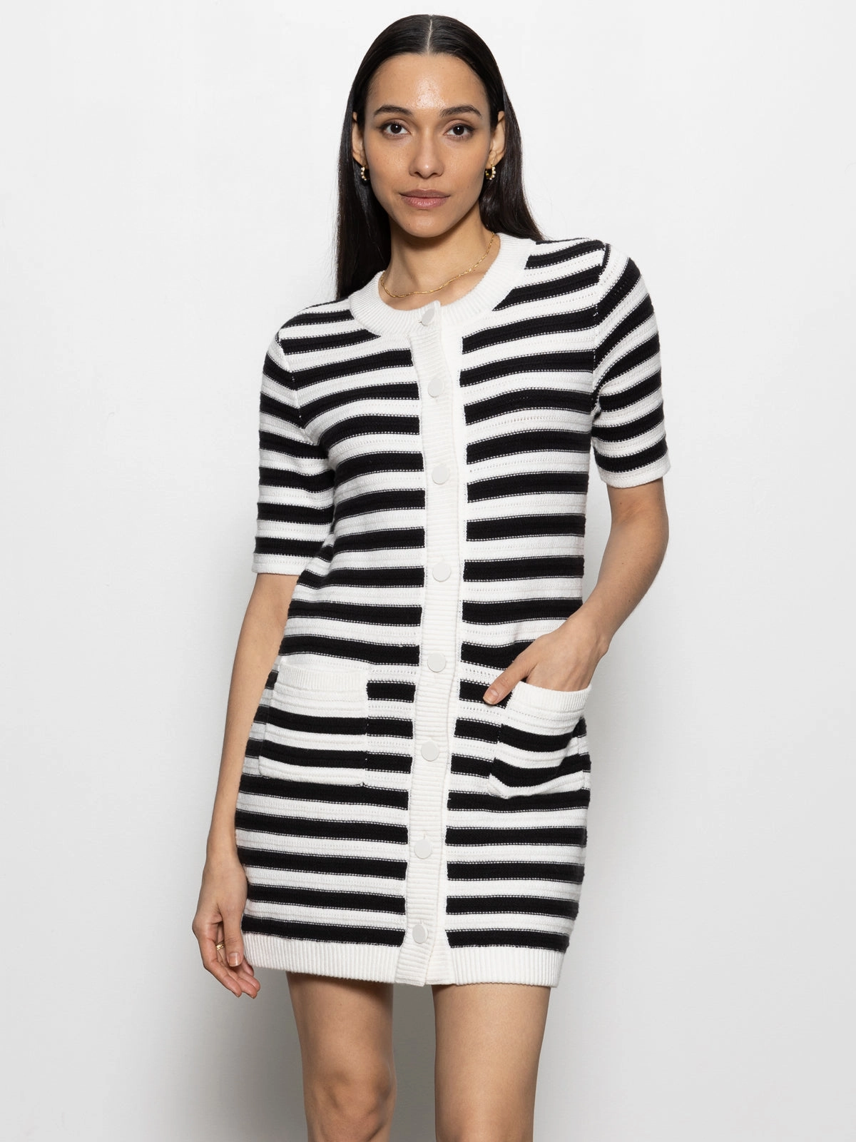 Button Front Knitted Dress Chalk And Black Stripe Breeze Flow Short-sleeve
