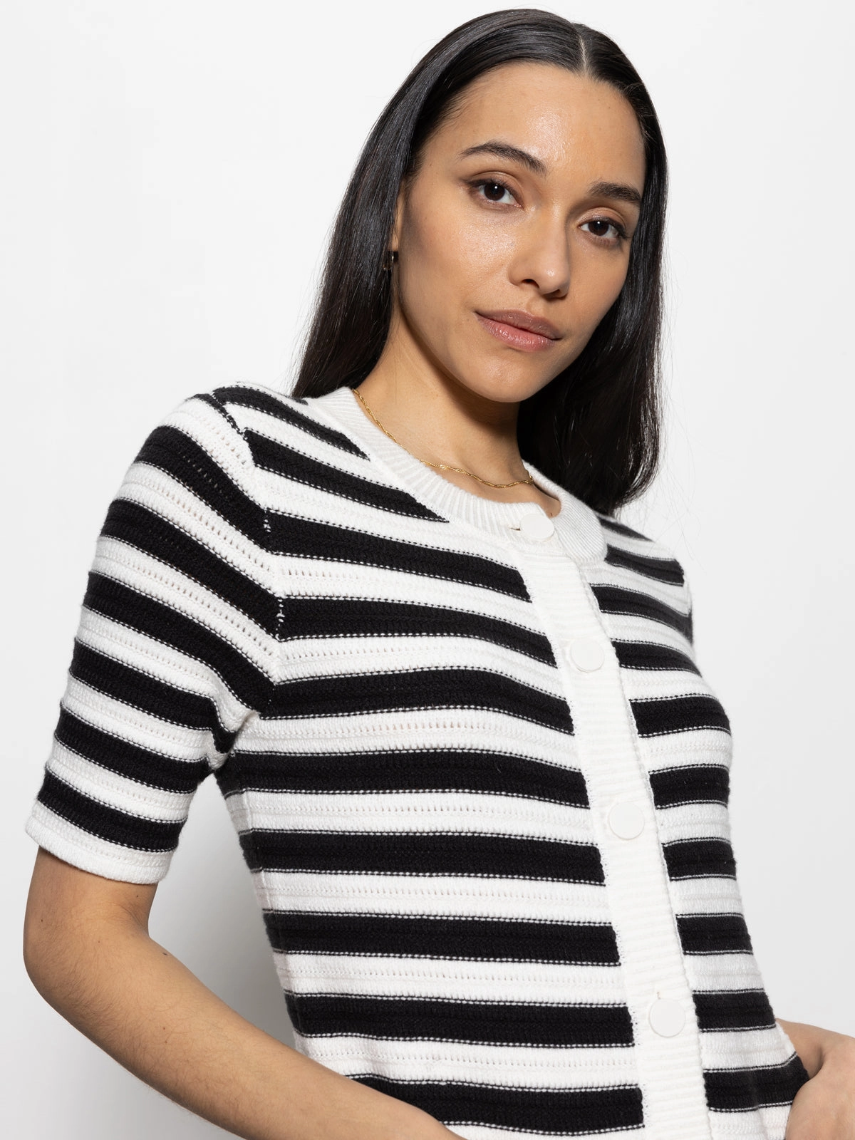 Button Front Knitted Dress Chalk And Black Stripe Soft Layers