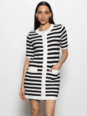 Button Front Knitted Dress Chalk And Black Stripe Thick Fabric ruffled decoration