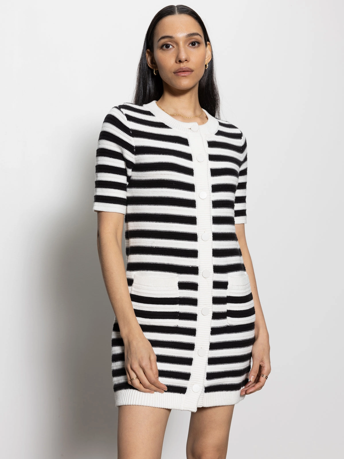 Button Front Knitted Dress Chalk And Black Stripe Soft Layers