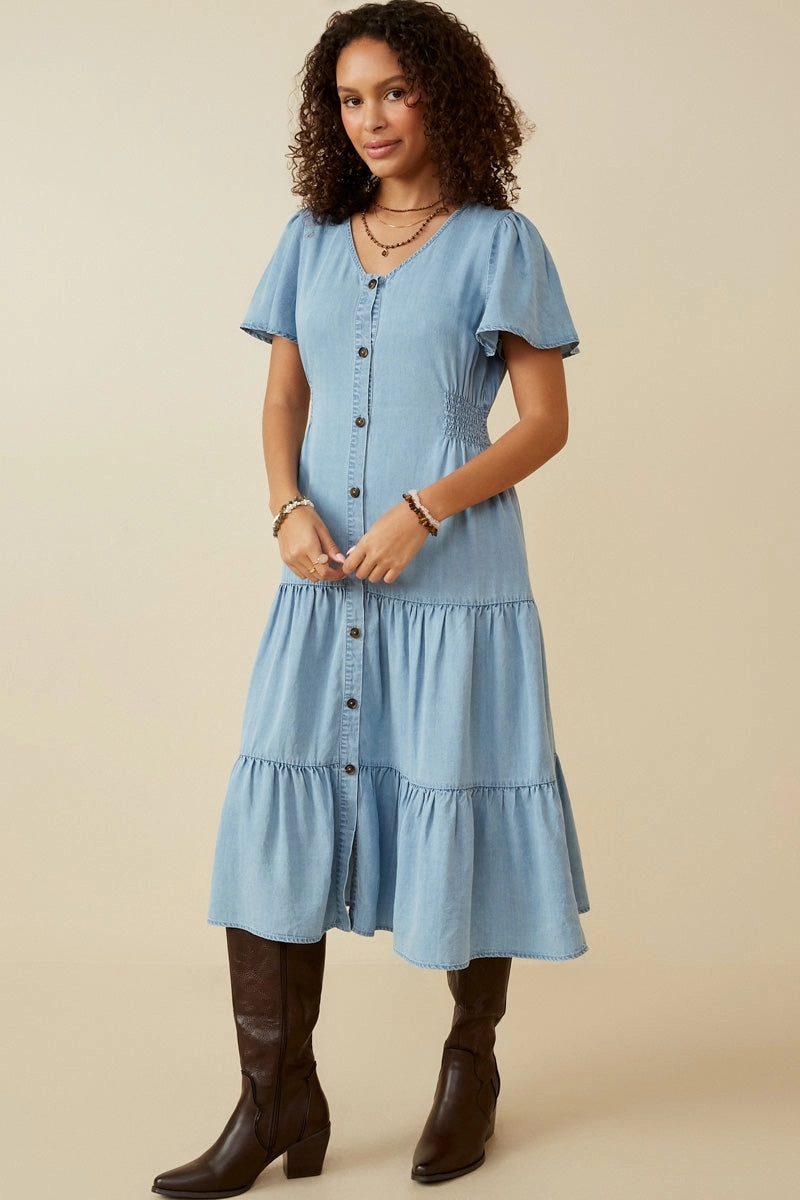 Button Front Side Smocked Denim Tencel Dress Easy Elegance