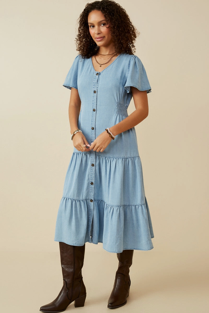 Button Front Side Smocked Denim Tencel Dress Formal Occasion