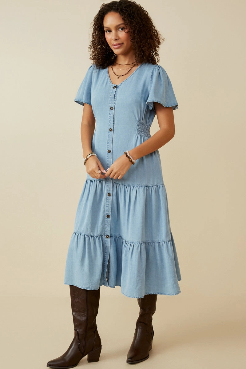 Button Front Side Smocked Denim Tencel Dress All Time Fit
