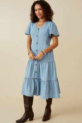 Button Front Side Smocked Denim Tencel Dress All Time Fit