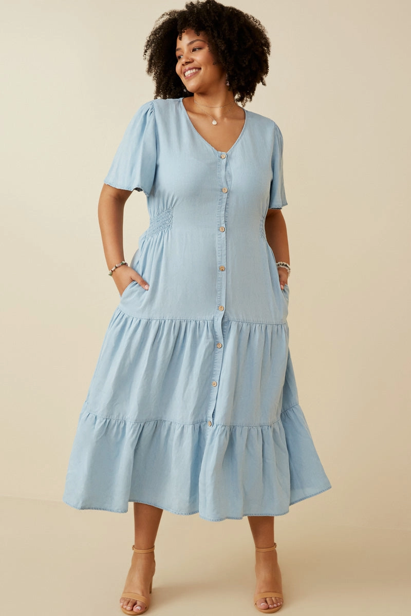 Lounge Mode Smart Fabric Button Front Side Smocked Denim Tencel Dress