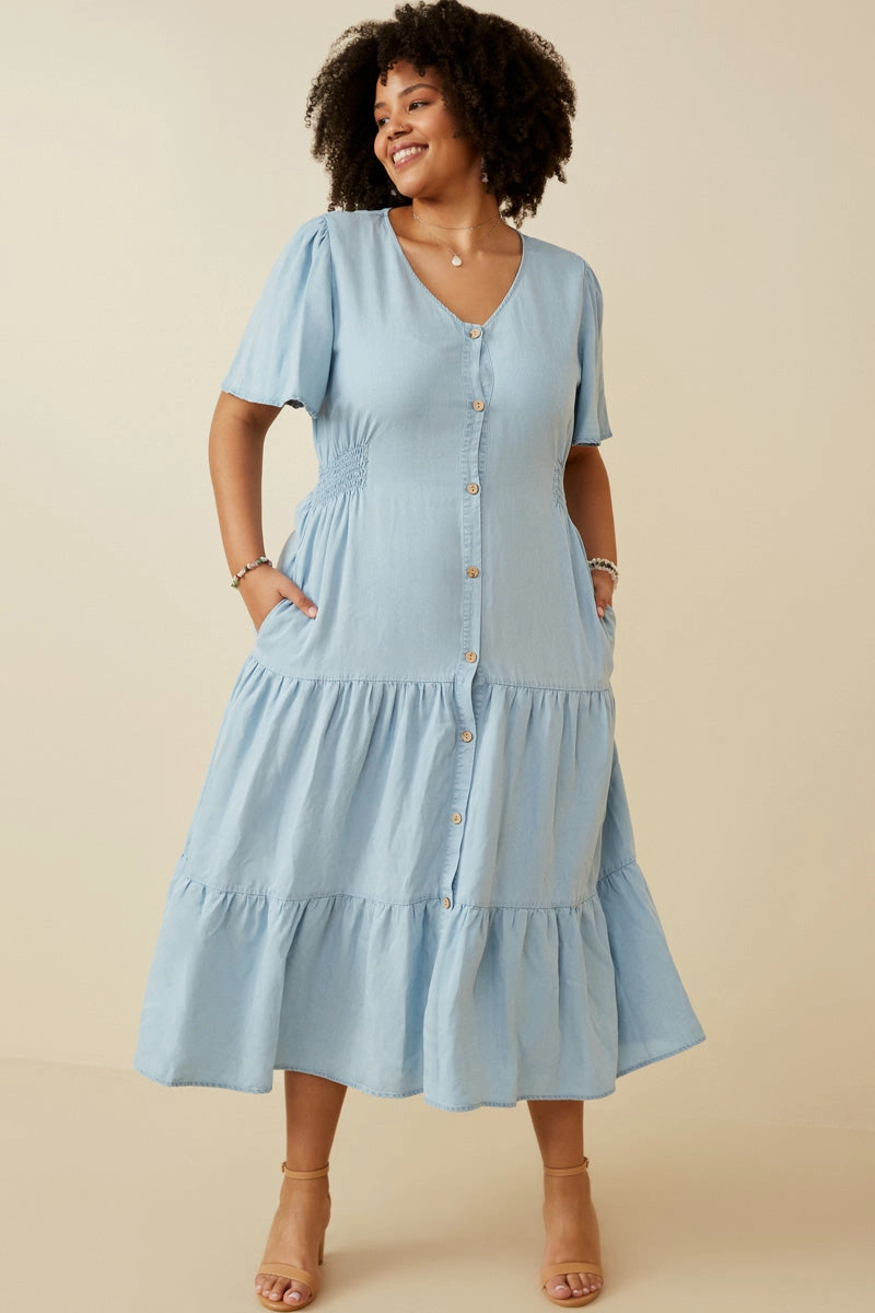 Fall Mood Cool Form Button Front Side Smocked Denim Tencel Dress