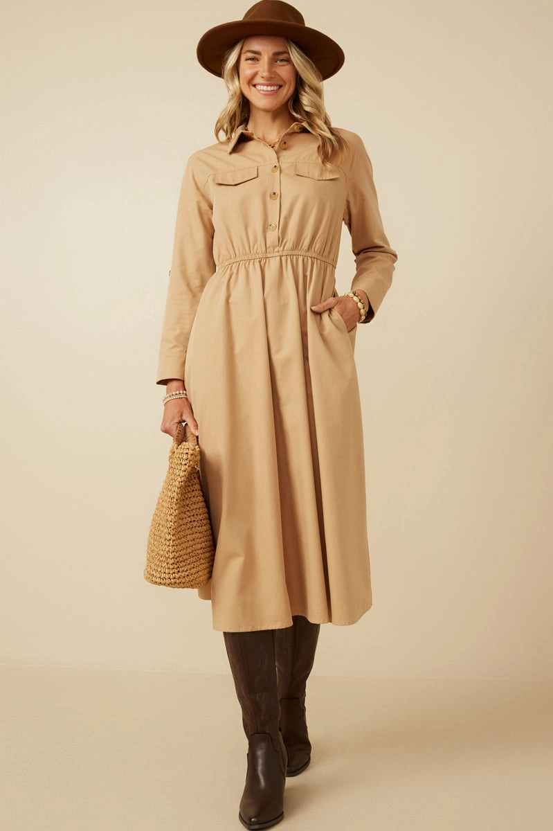 V Neckline Decorative-Design Button Up Collared Twill Dress