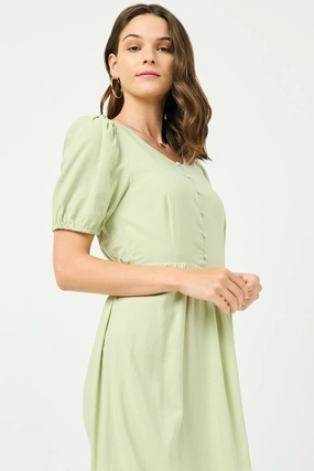 Calm Aesthetic Buttoned Puff Sleeve Tie Back Midi Dress