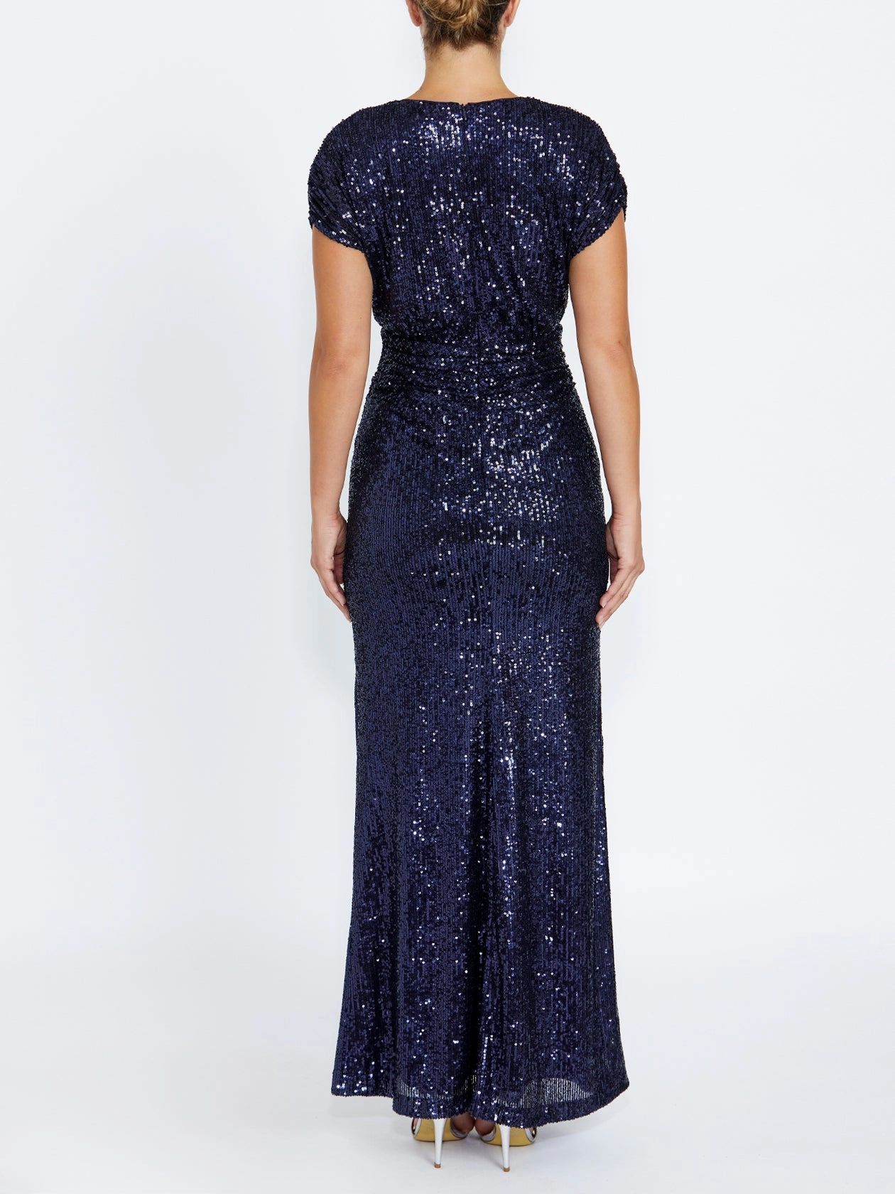 Calista Navy Sequin Gown Flutter sleeves