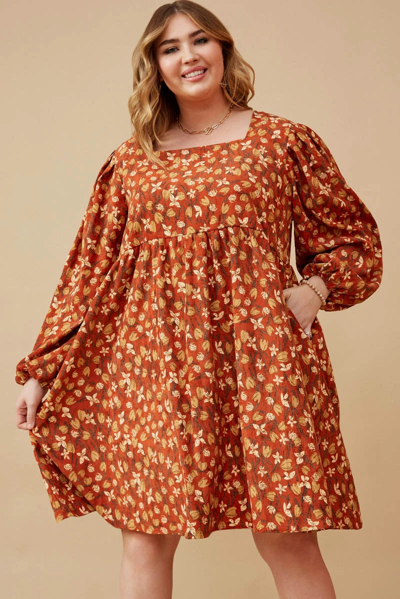 Floral Printed Corduroy Pleated Sleeve Dress Spring Garden