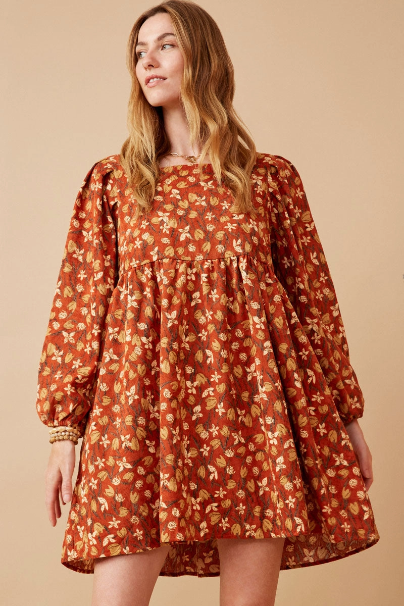 Floral Printed Corduroy Pleated Sleeve Dress Classic Mood Tailored Style