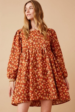 skin friendly Floral Printed Corduroy Pleated Sleeve Dress