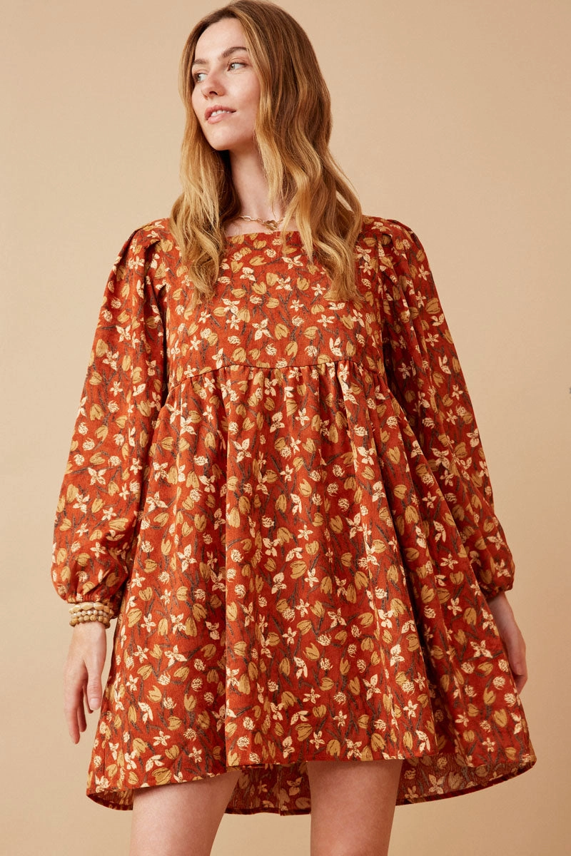 Classic Movement Floral Printed Corduroy Pleated Sleeve Dress