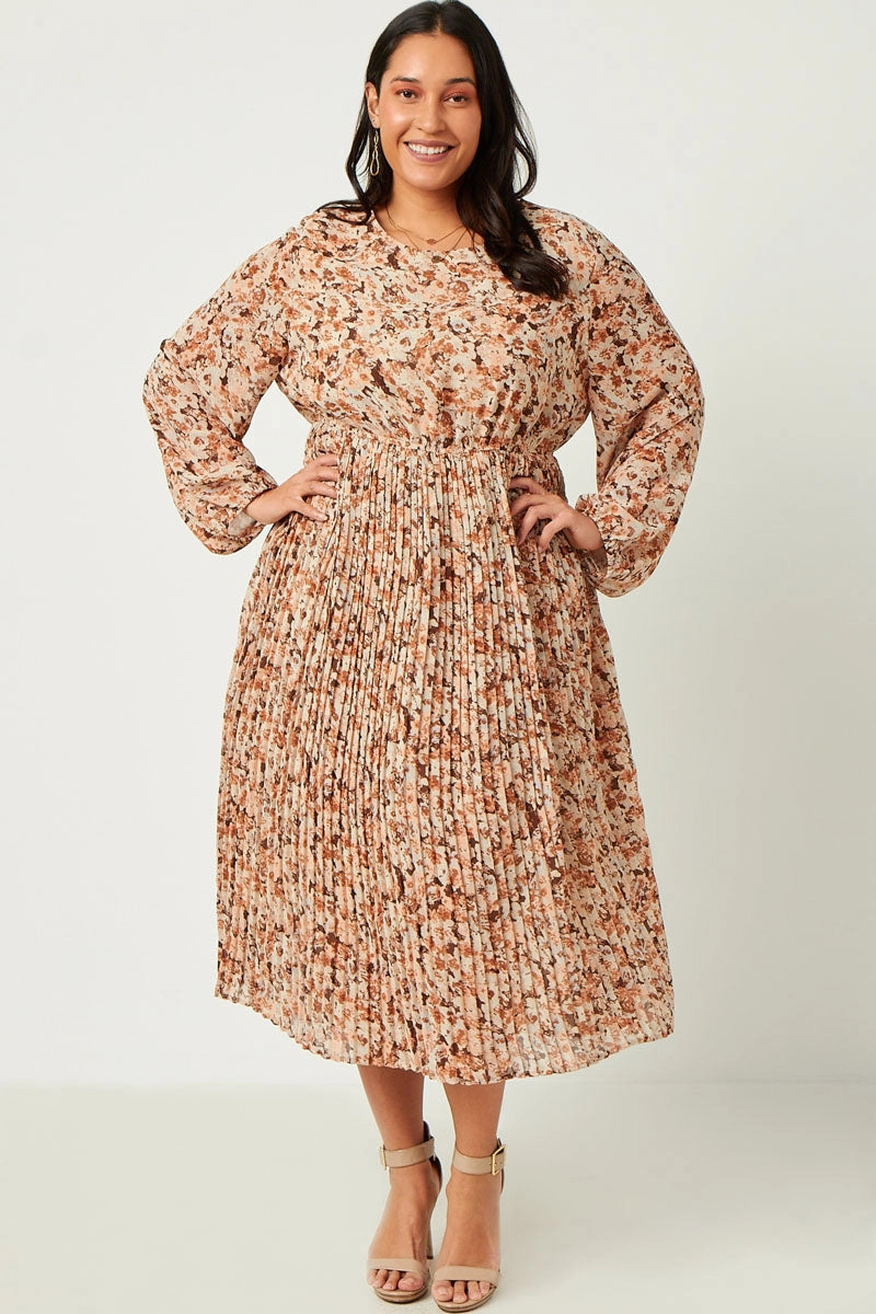 Earth-Tone Pleated Skirt Floral Printed Dress