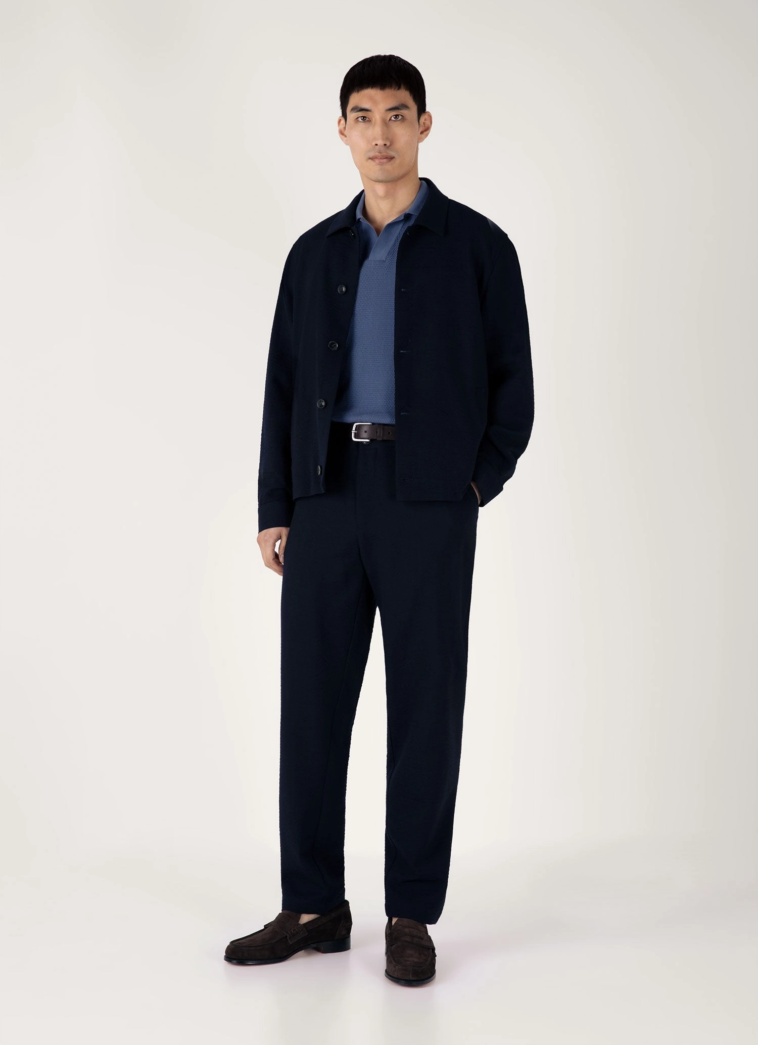 Cashmere Men's Compact Mesh Knit Polo Shirt in Soft Denim